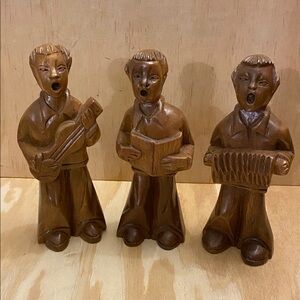 Vintage 1970s Hand-Carved Wooden Singing Figurines Trio 8” Tall